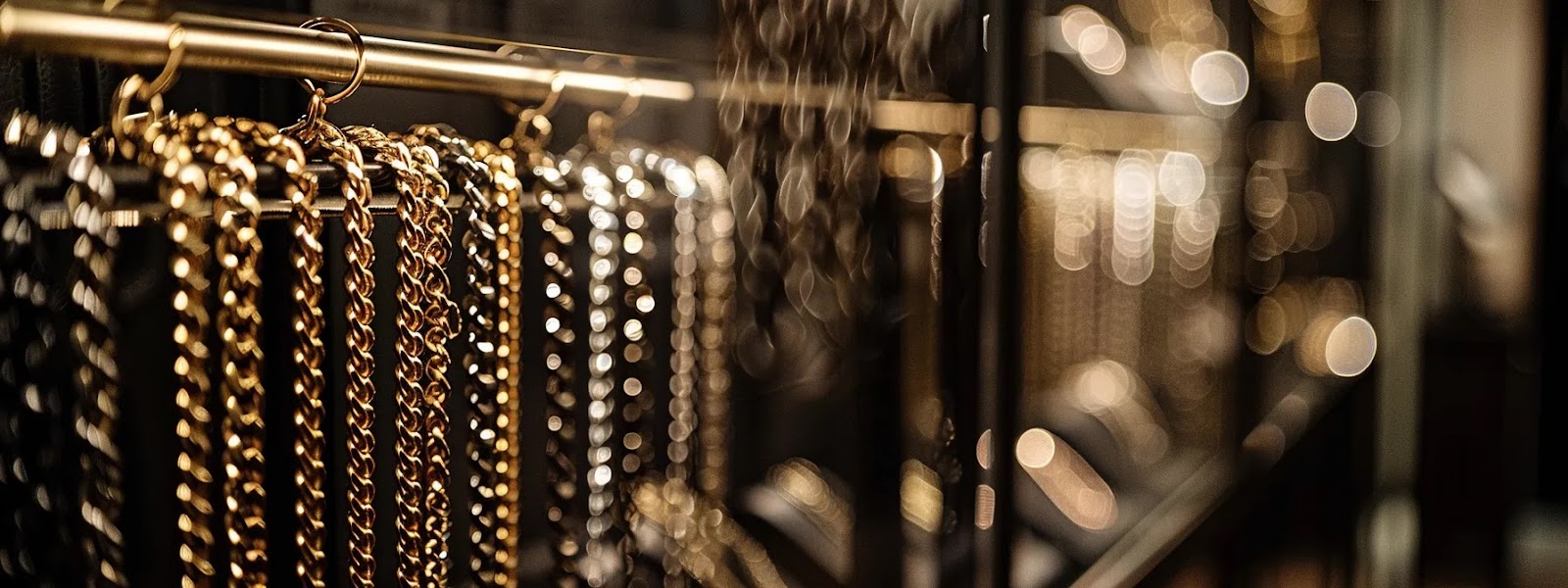 a stylish display of unique custom chains elegantly arranged on a polished jewelry display stand in a sophisticated urban boutique, highlighted by soft ambient lighting that accentuates their intricate designs and luxurious appeal.