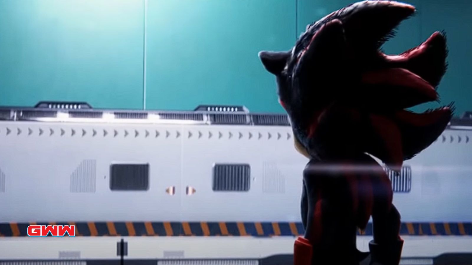 Shadow the Hedgehog facing a high-tech, futuristic train in a station.