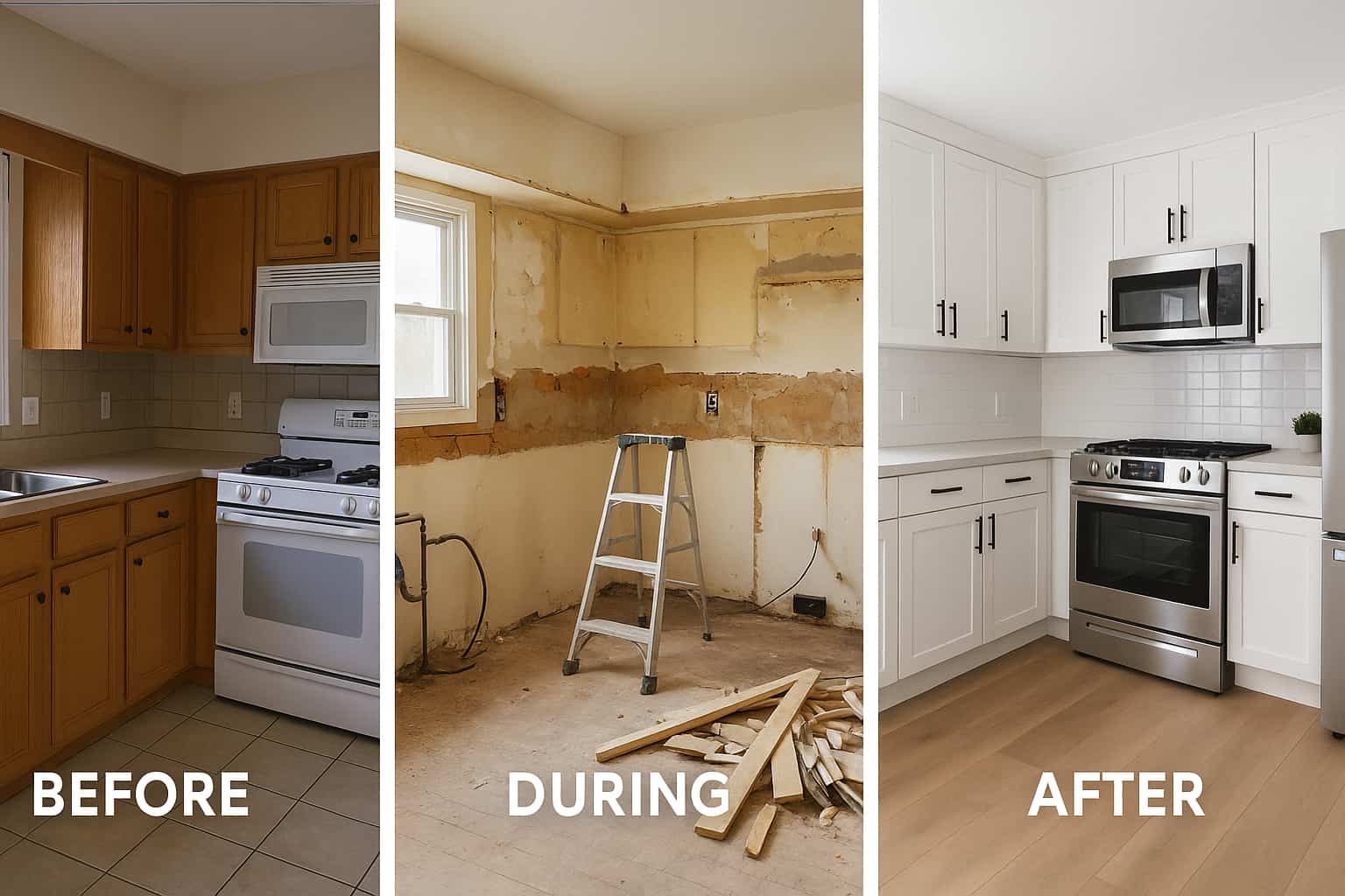 Kitchen remodeling transformation sequence showing before, during, and after stages for time-lapse video marketing.