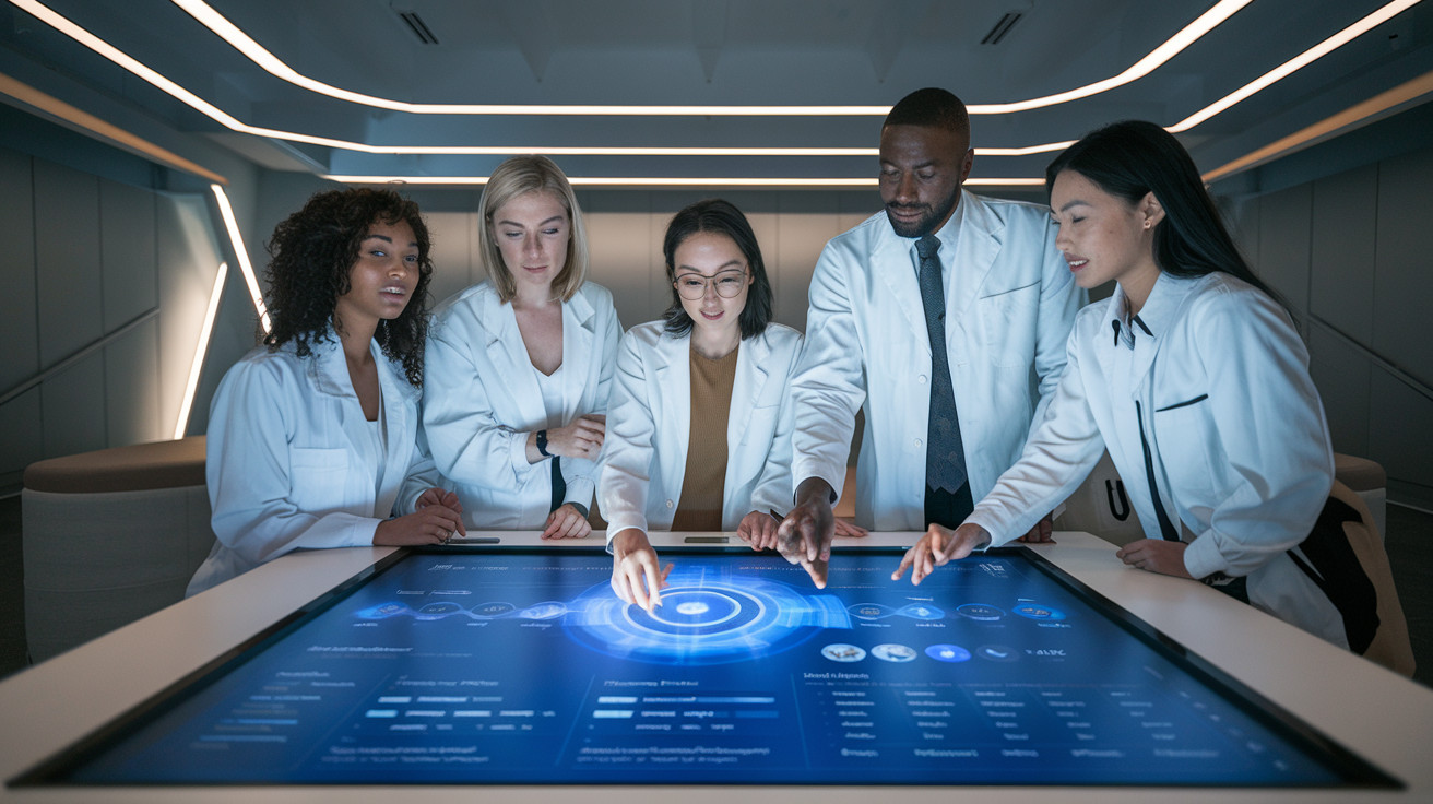 Create a realistic image of a diverse group of mental health professionals, including a white female, black male, and Asian female, gathered around a large touchscreen displaying AI-generated data and patient profiles, with a warm, thoughtful atmosphere and soft lighting in a modern office setting.