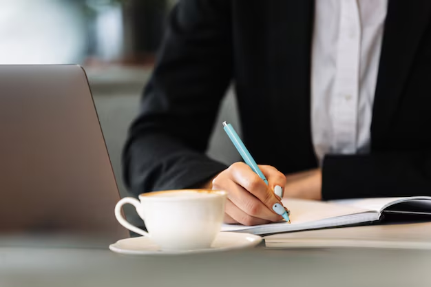 A business writer is writing something in a notebook