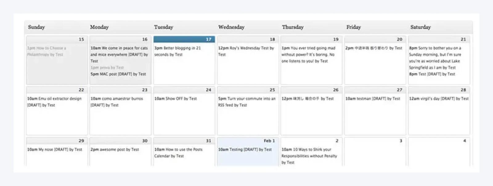 El plugin Calendario editorial parece un calendario o una agenda, mostrando de domingo a sábado en la parte superior.