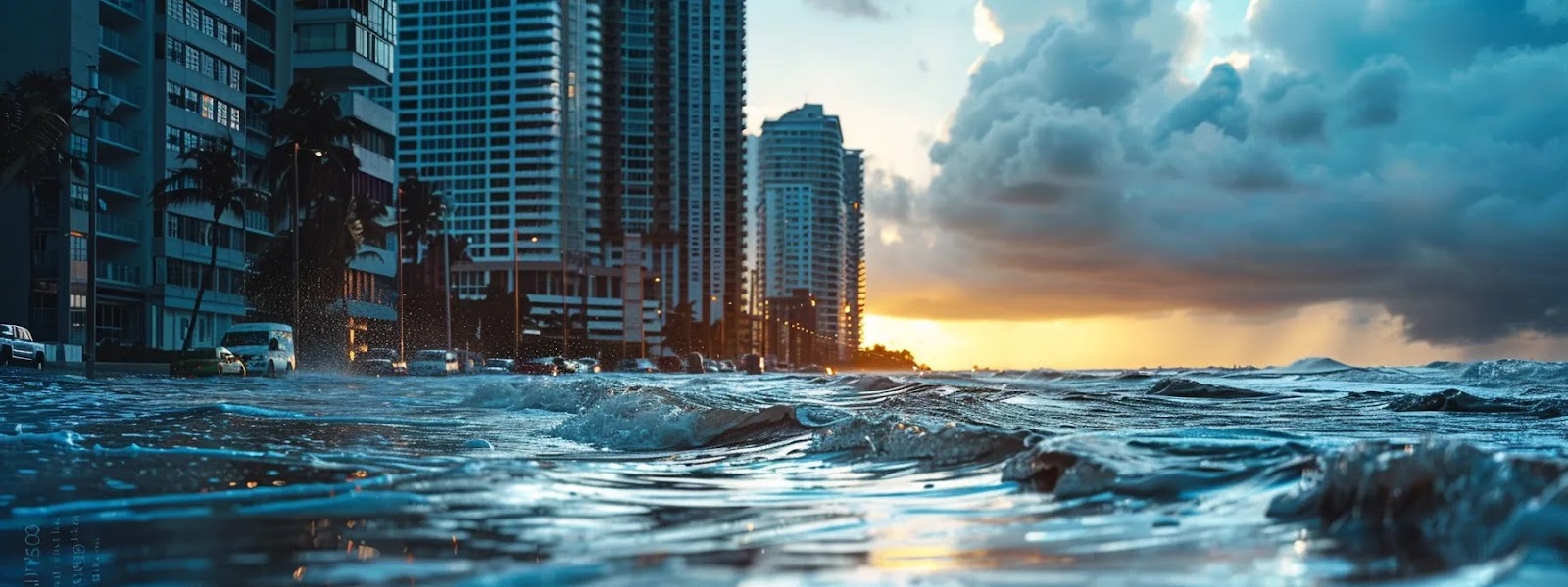 a coastline being slowly engulfed by rising sea levels, with buildings in the background indicating the need for updated flood insurance policies.