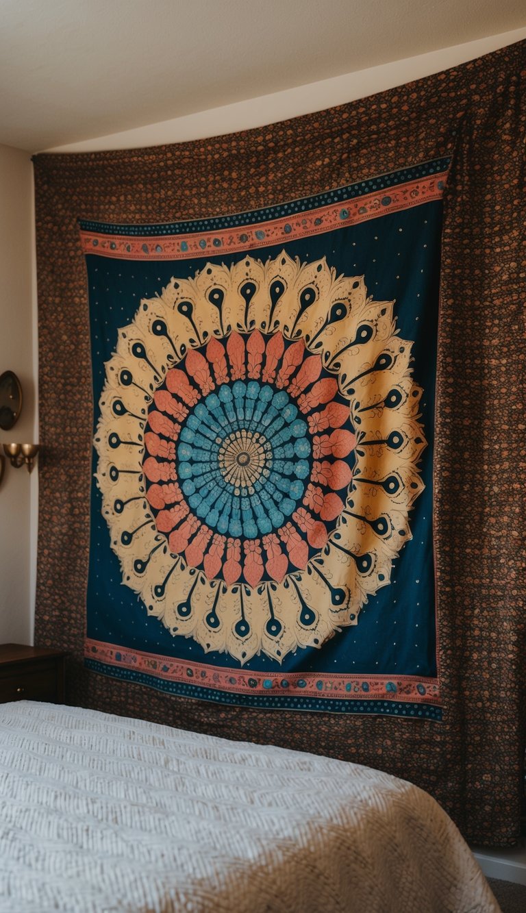 A colorful patterned tapestry hangs on the wall of a cozy bedroom, adding warmth and texture to the space