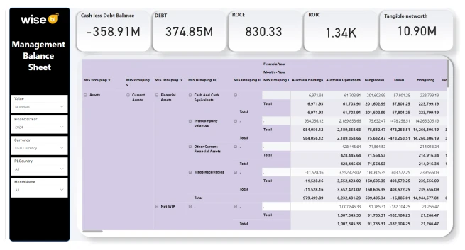 Management balance sheet dashboard