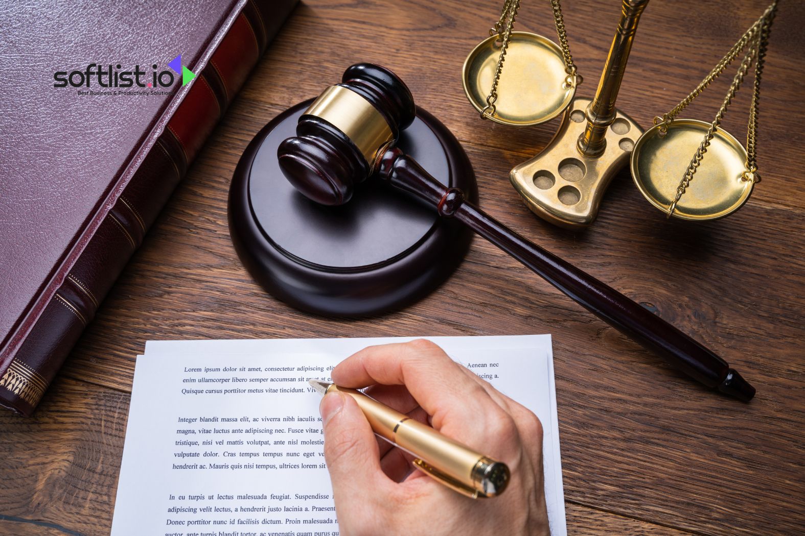 Hand writing on a document near a gavel and legal scales on a desk