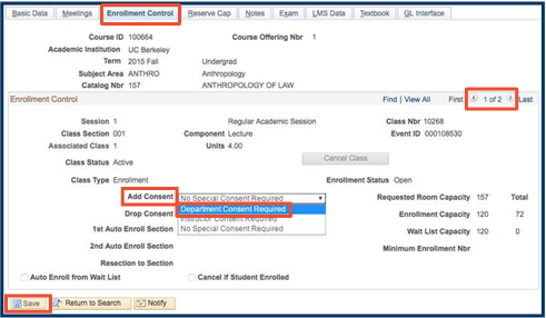 "Enrollment Capacity" tab and Add Consent drop list set to “Department Consent” emphasized with red box highlight.  "Save" button emphasized with red box highlight.