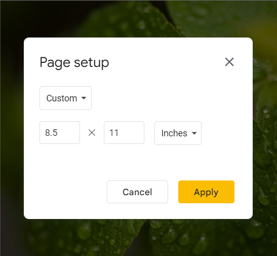 Page Setup Dialog box in Google Slides to change Custom Dimensions.