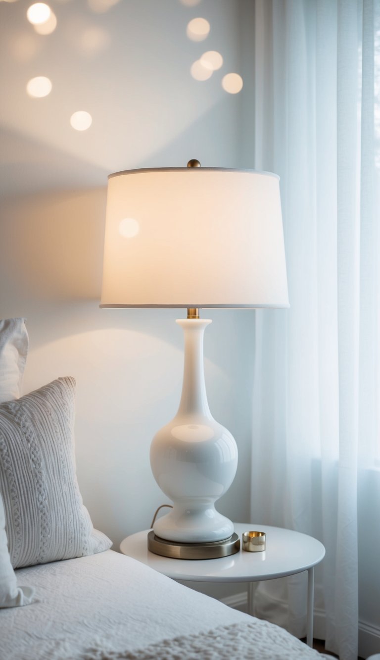 An opalescent white lamp illuminates a serene white bedroom with minimalist decor and soft, neutral textiles