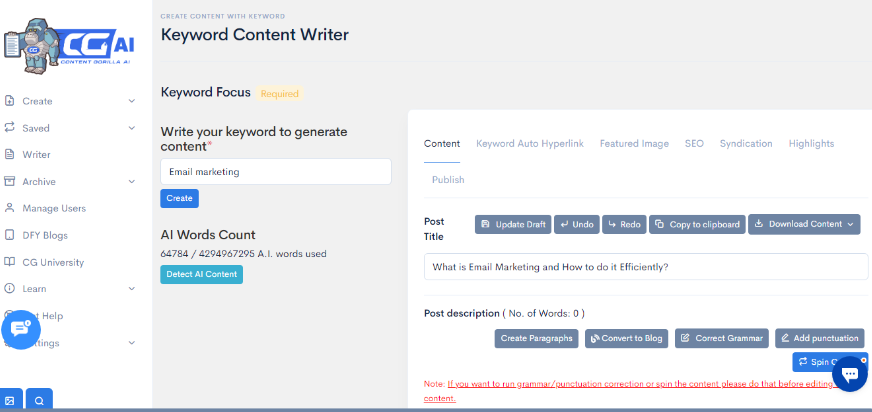 Content Gorilla's Keyword Content Writer