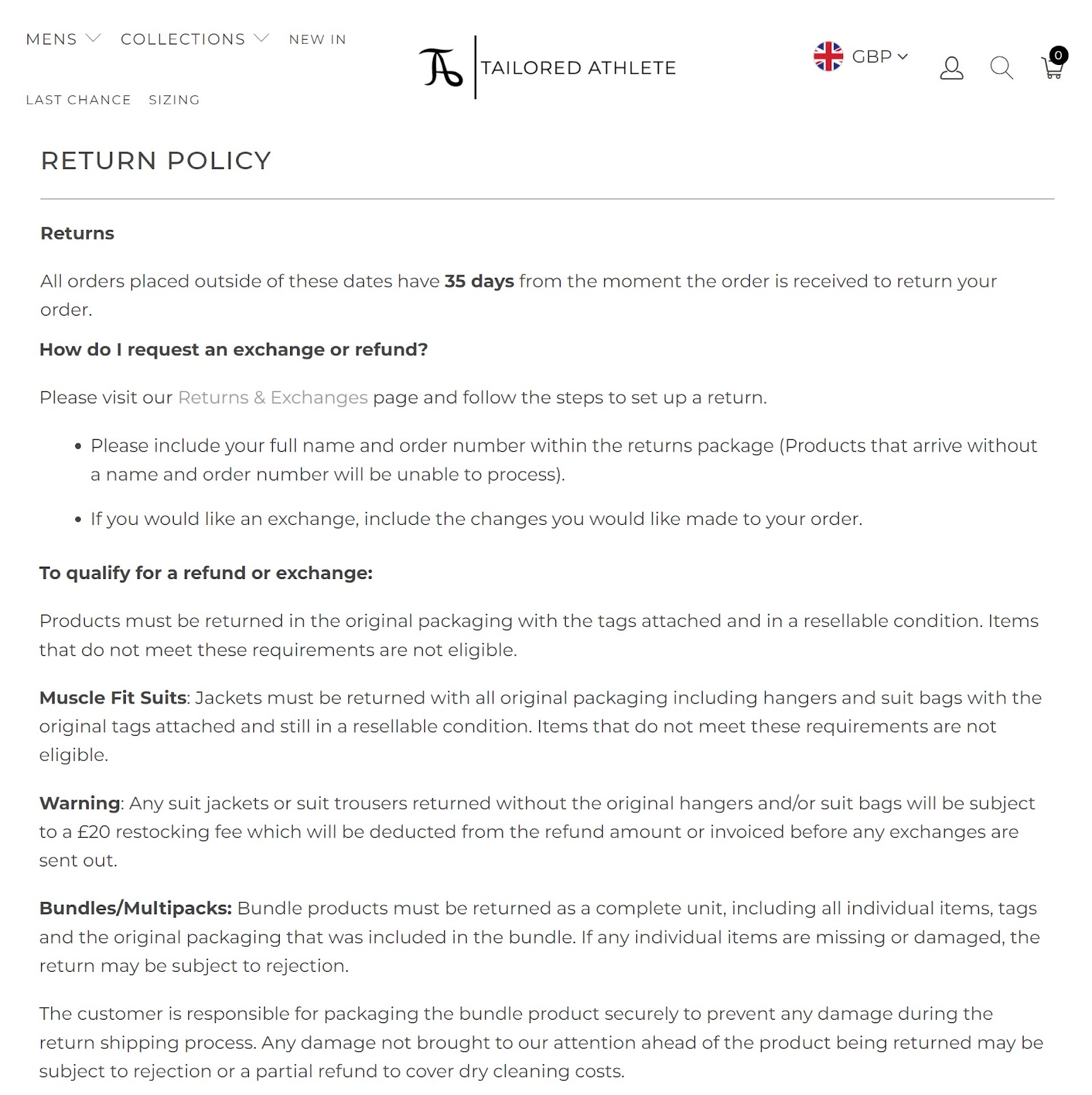 ecommerce Return Management: Tailored Athlete No-Questions-Asked Returns Policy Sample