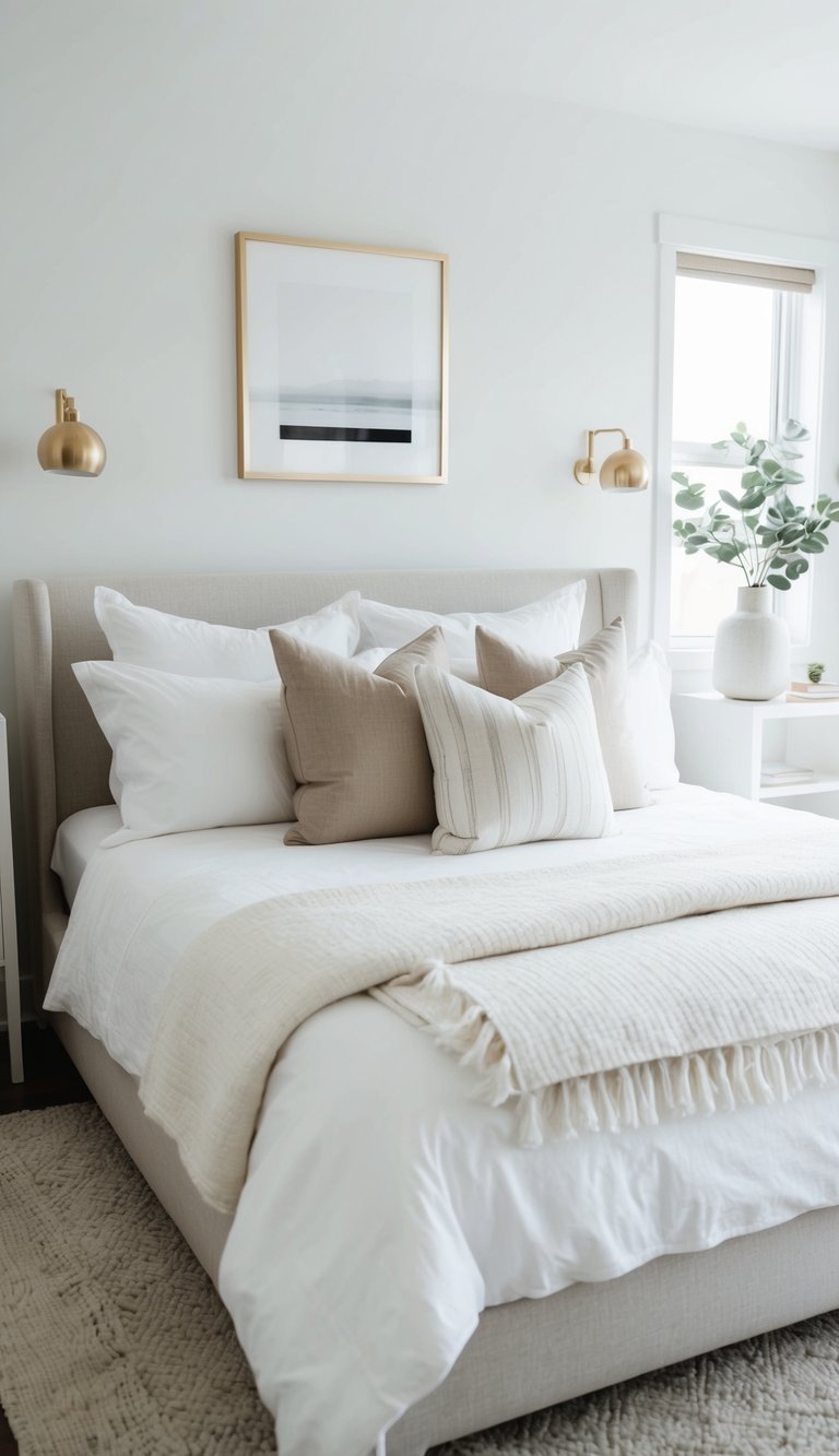 A serene white bedroom with neutral throw pillows on a neatly made bed, surrounded by minimalist decor and natural light