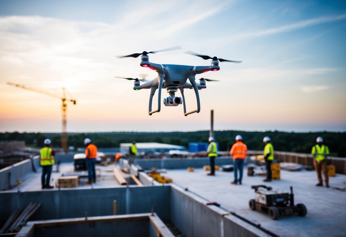 A drone hovers above a construction site, capturing images of workers, equipment, and materials. It seamlessly integrates with each phase of the construction process, providing increased accessibility and efficiency