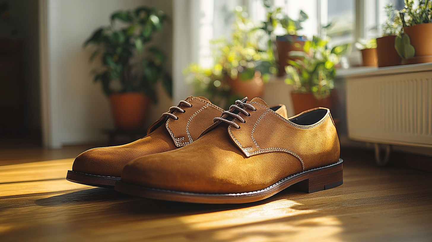 A pair of stylish tan leather Derby shoes, casually positioned with a soft, natural light setting. The suede-like texture adds depth, against a neutral, softly blurred background.