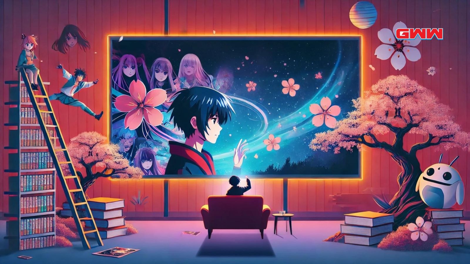 Anime fan watching a large screen surrounded by anime characters and cherry blossoms.