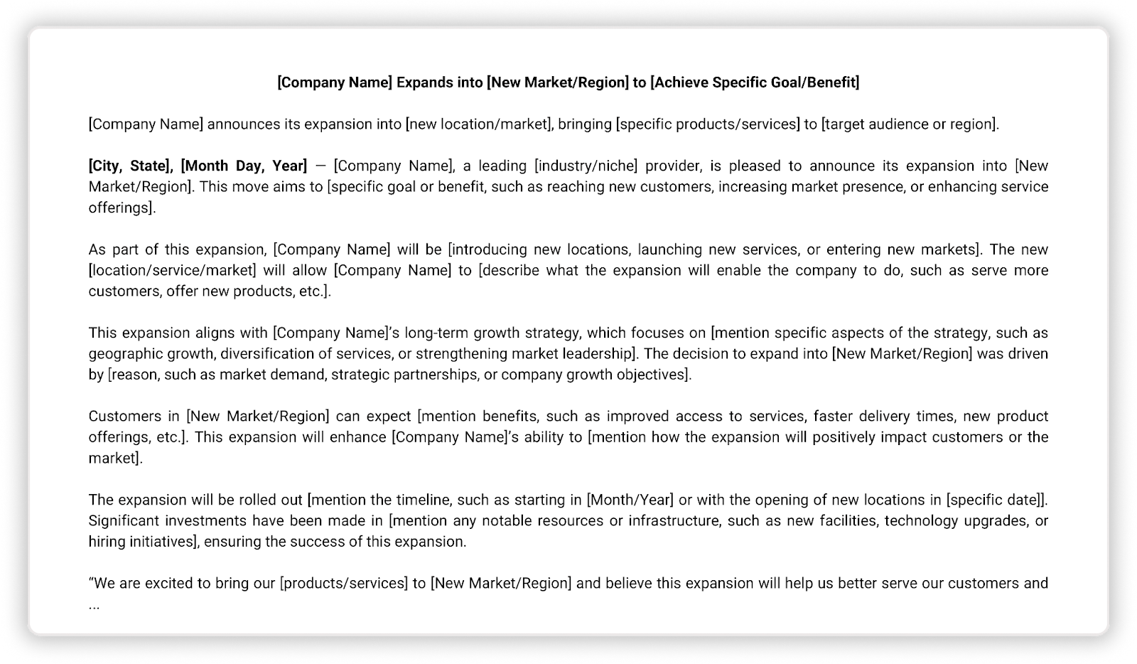 Screenshot of Business Expansion press release template.