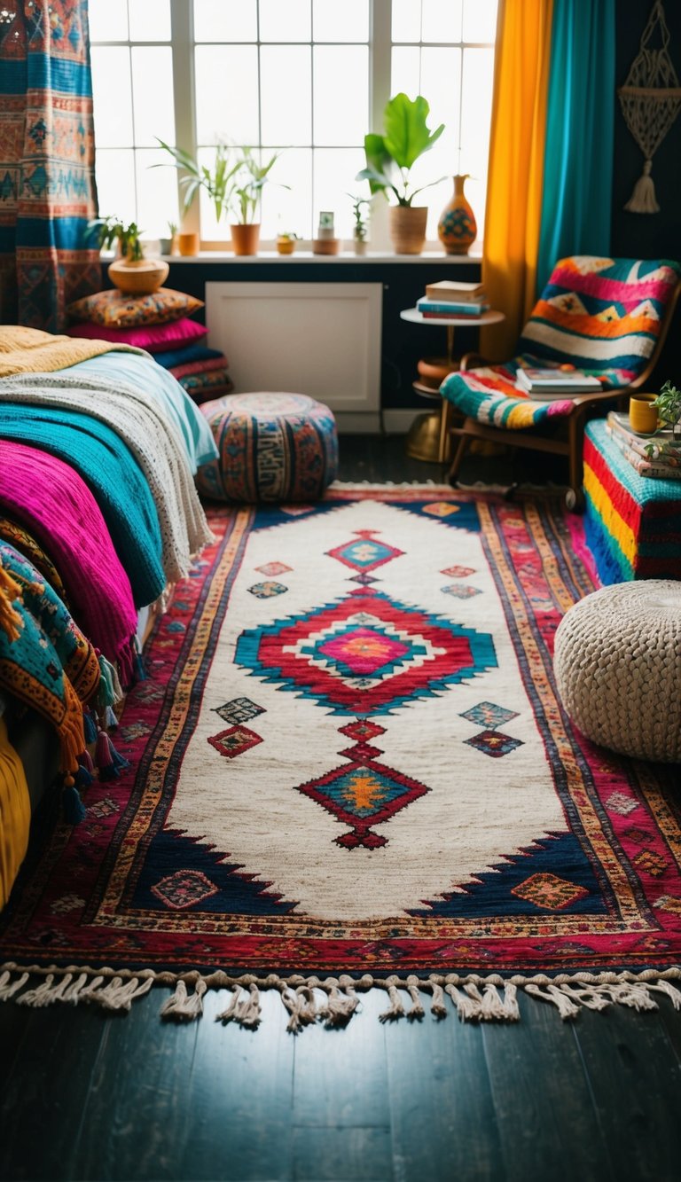 A Turkish kilim rug lies in the center of an eclectic boho bedroom, surrounded by colorful textiles and mismatched furniture