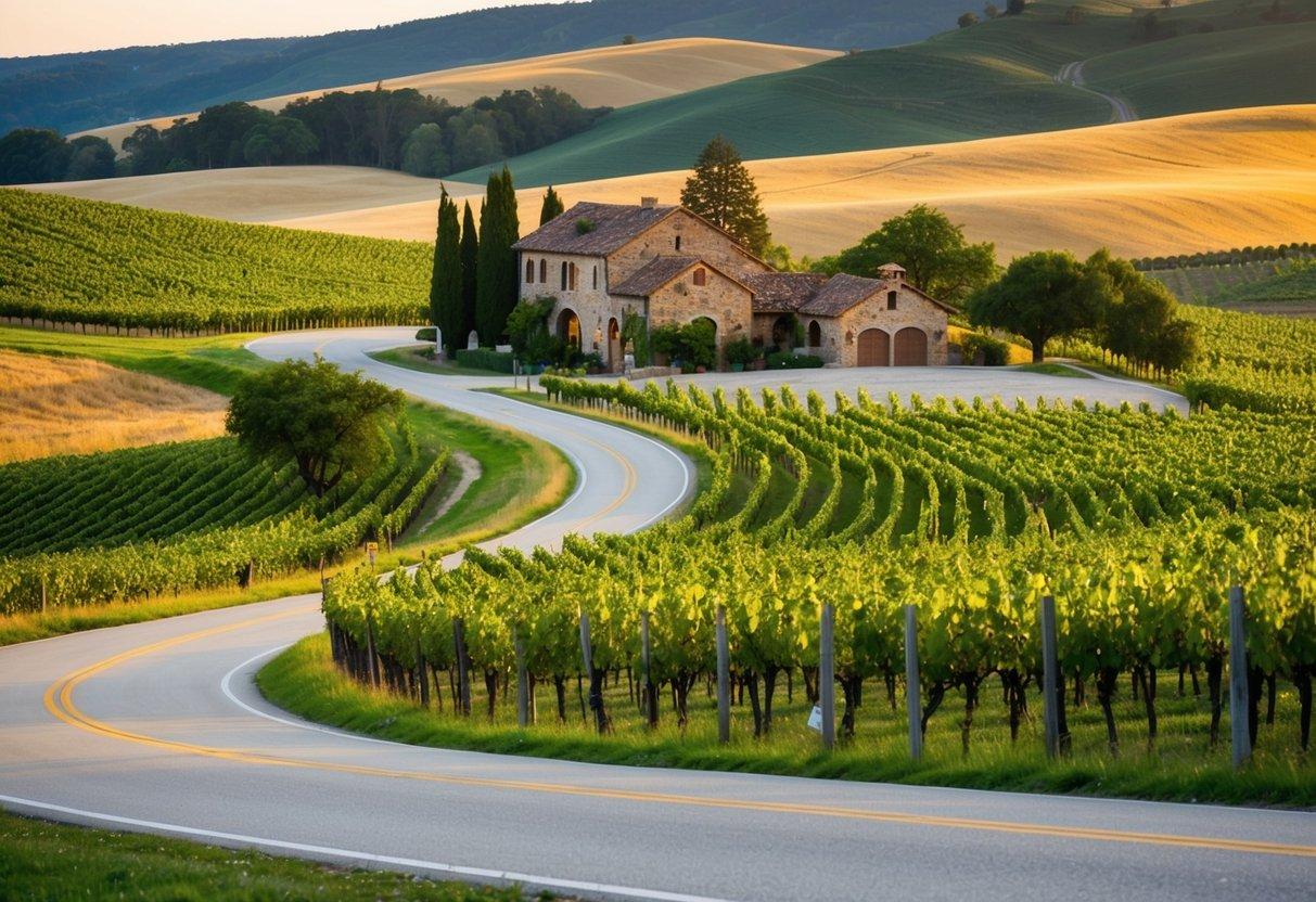 A winding road cuts through lush vineyards, leading to rustic wineries nestled among rolling hills and golden fields