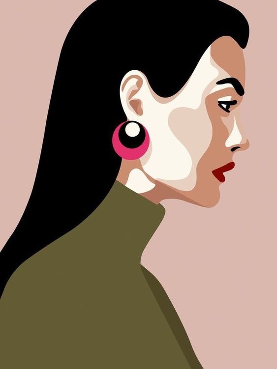 Vector-style portrait of a woman in profile, with a minimalist design, bold colors, and clean shapes on a neutral background.