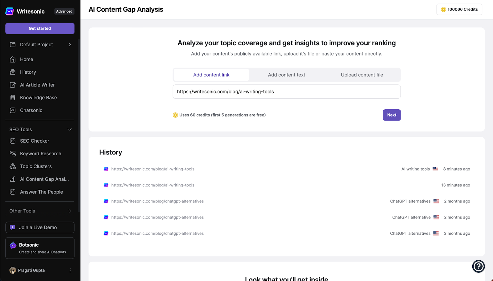 Writesonic AI Content Gap Analyzer - Affordable SEO Tools