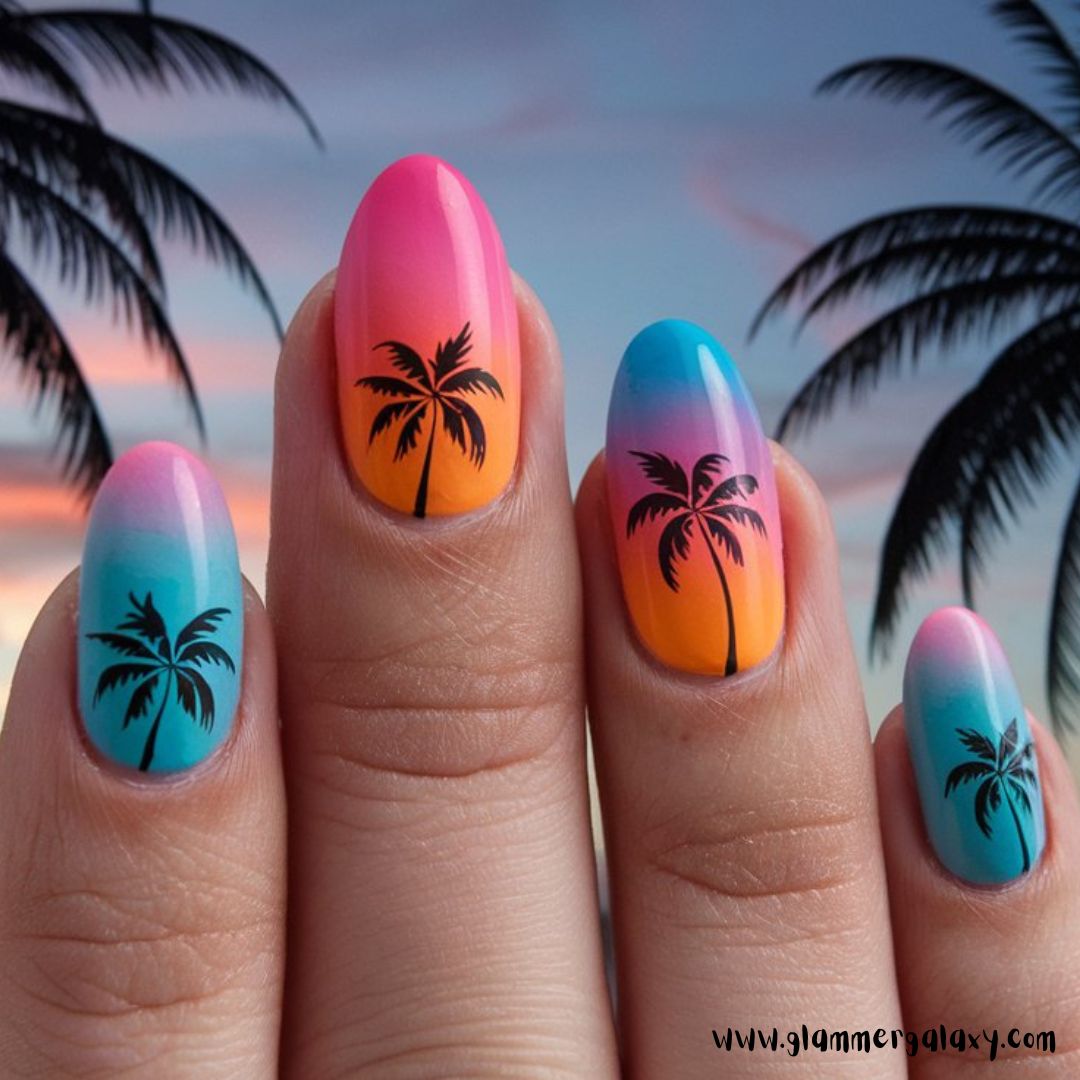 Classy Vacation Nails having Palms & Sunsets Combo
