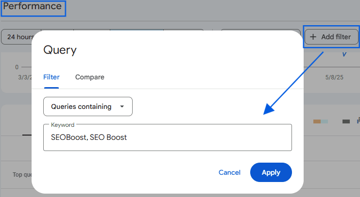 A snapshot of Google Search Console showing how to filter queries by branded keywords