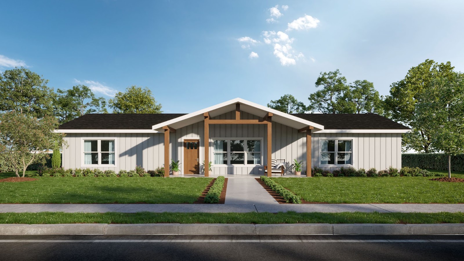 This is a digital rendering of our Glen Rose Modular Home plan. This home utilizes offsite construction methods to create faster more efficient build times.