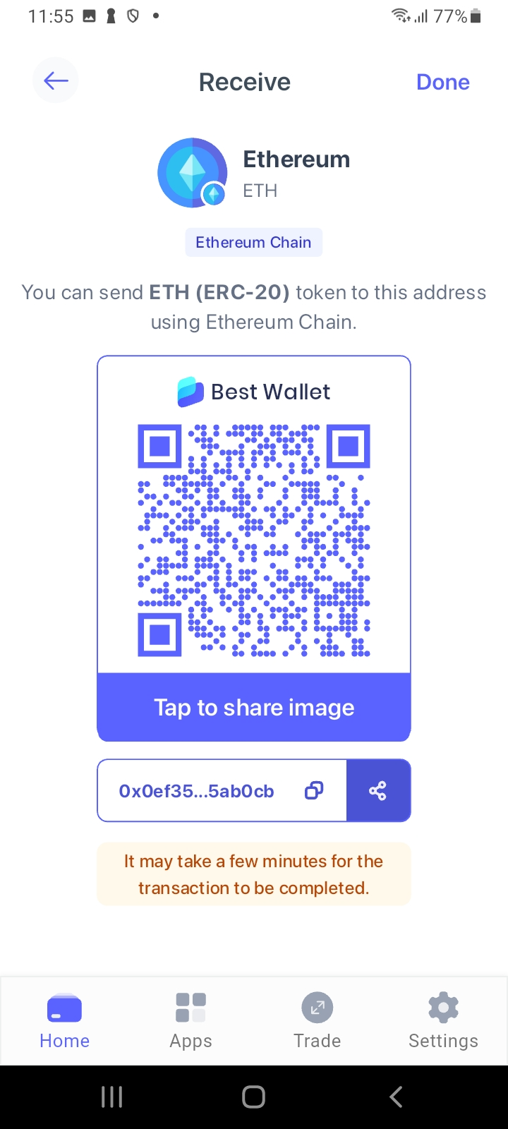 Receive Ethereum in Best Wallet ERC20 wallet