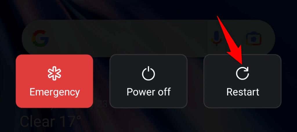 "Restart" option in an Android phone's power menu