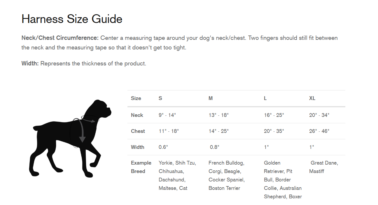 sizing chart for harness