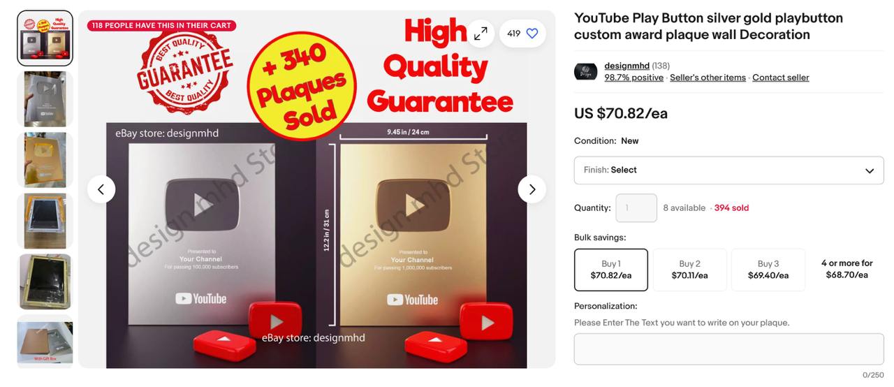  YouTube Play Button silver gold playbutton custom award plaque wall Decoration