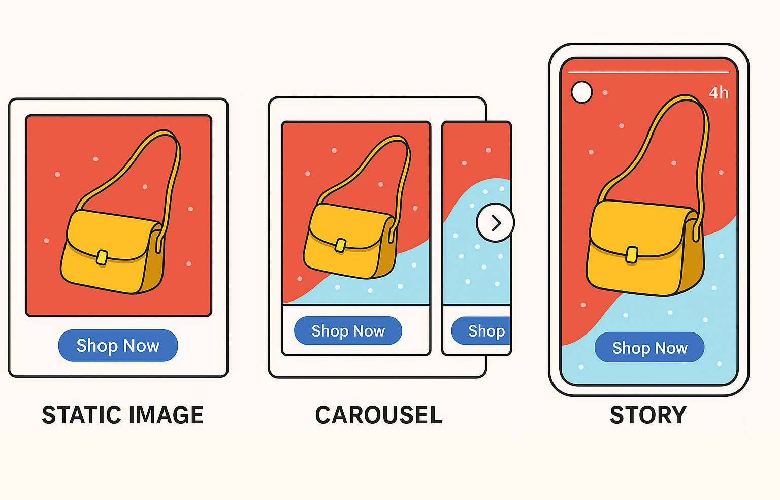 Illustrated side-by-side comparison of three ad formats — Static Image, Carousel, and Story — each promoting the same product with consistent branding.