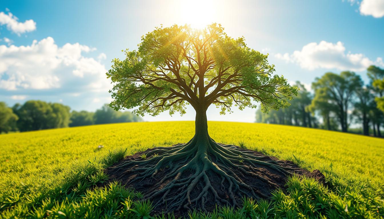 An image of a tree growing stronger with each passing day, with roots reaching deep into the earth and branches stretching towards the sky. The tree is surrounded by a vibrant green meadow, and the sun is shining brightly overhead. Show the passage of time by including subtle changes in the tree's size and appearance over several frames, emphasizing the importance of consistent effort and commitment in achieving one's goals.