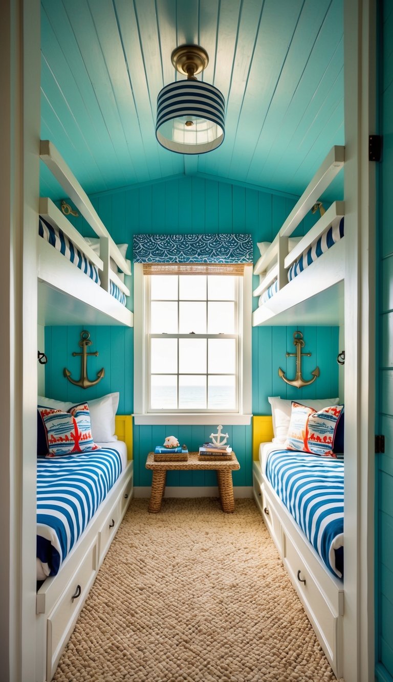 A cozy beach bungalow bunk room with nautical decor, built-in bunk beds, and ocean-inspired colors