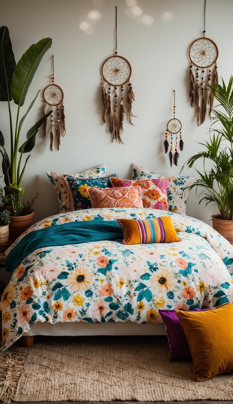 A cozy boho bedroom with a floral print duvet cover on a bed, surrounded by plants, dreamcatchers, and colorful throw pillows