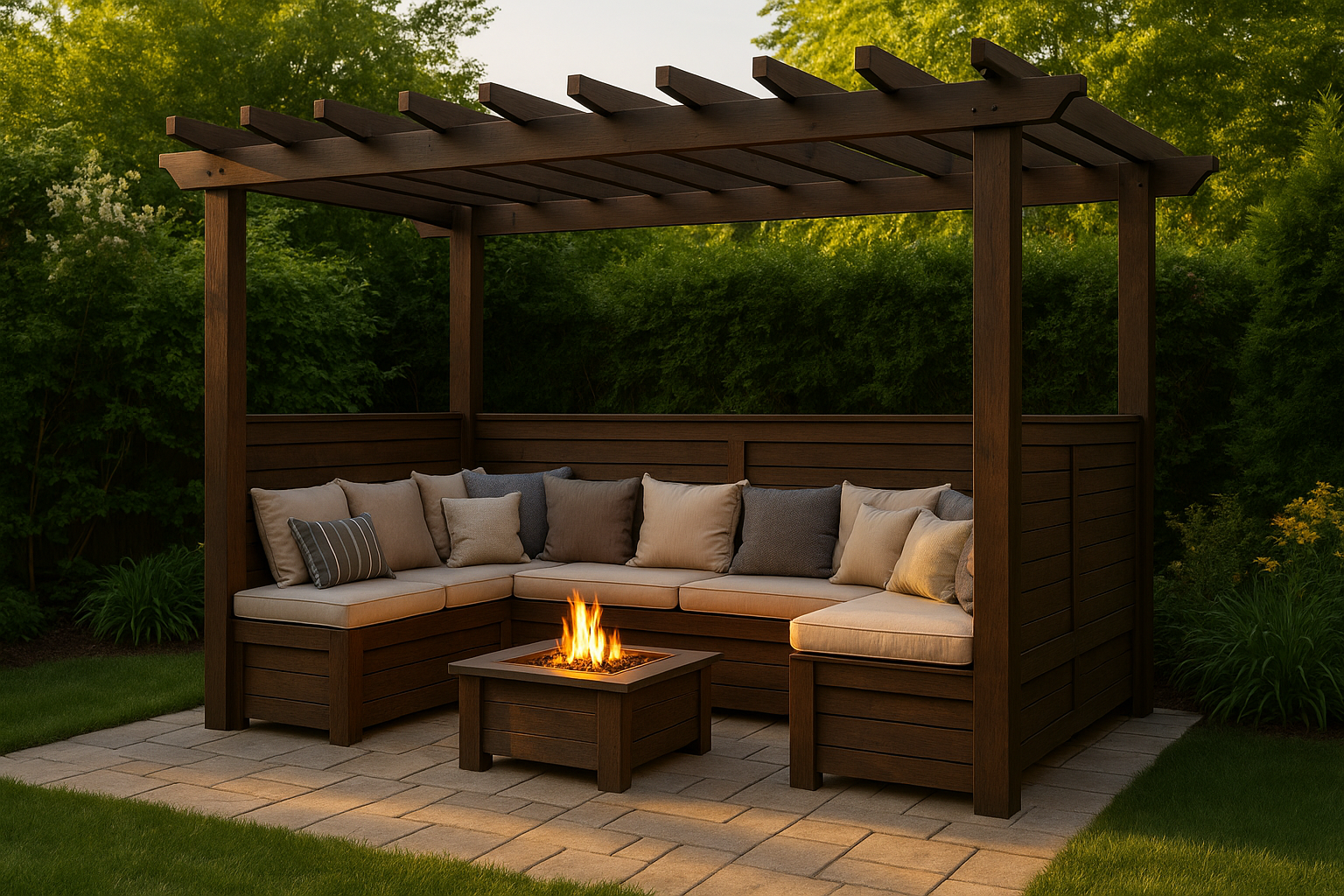 Pergola with integrated wooden seating and cushions arranged for comfortable outdoor conversation.