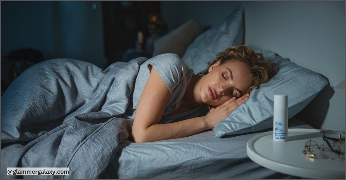 Person sleeping in bed with blue sheets, nightstand with glasses and sunscreen.