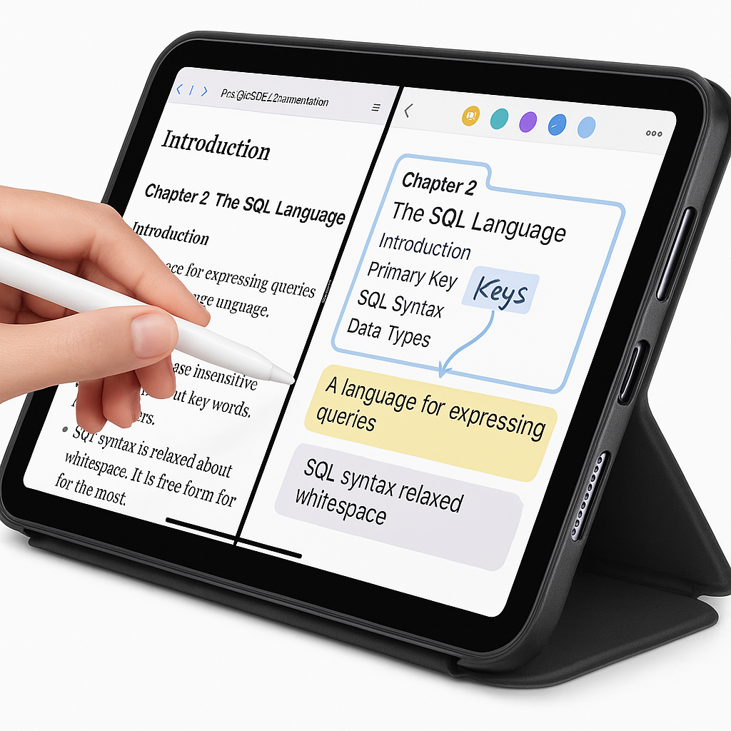 Annotating a PostgreSQL manual using MarginNote and Apple Pencil with ESR ipad mini case.
