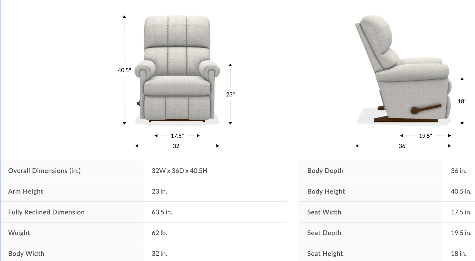 vail rocking recliner dimensions