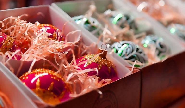 Boxes with Christmas tree decorations.