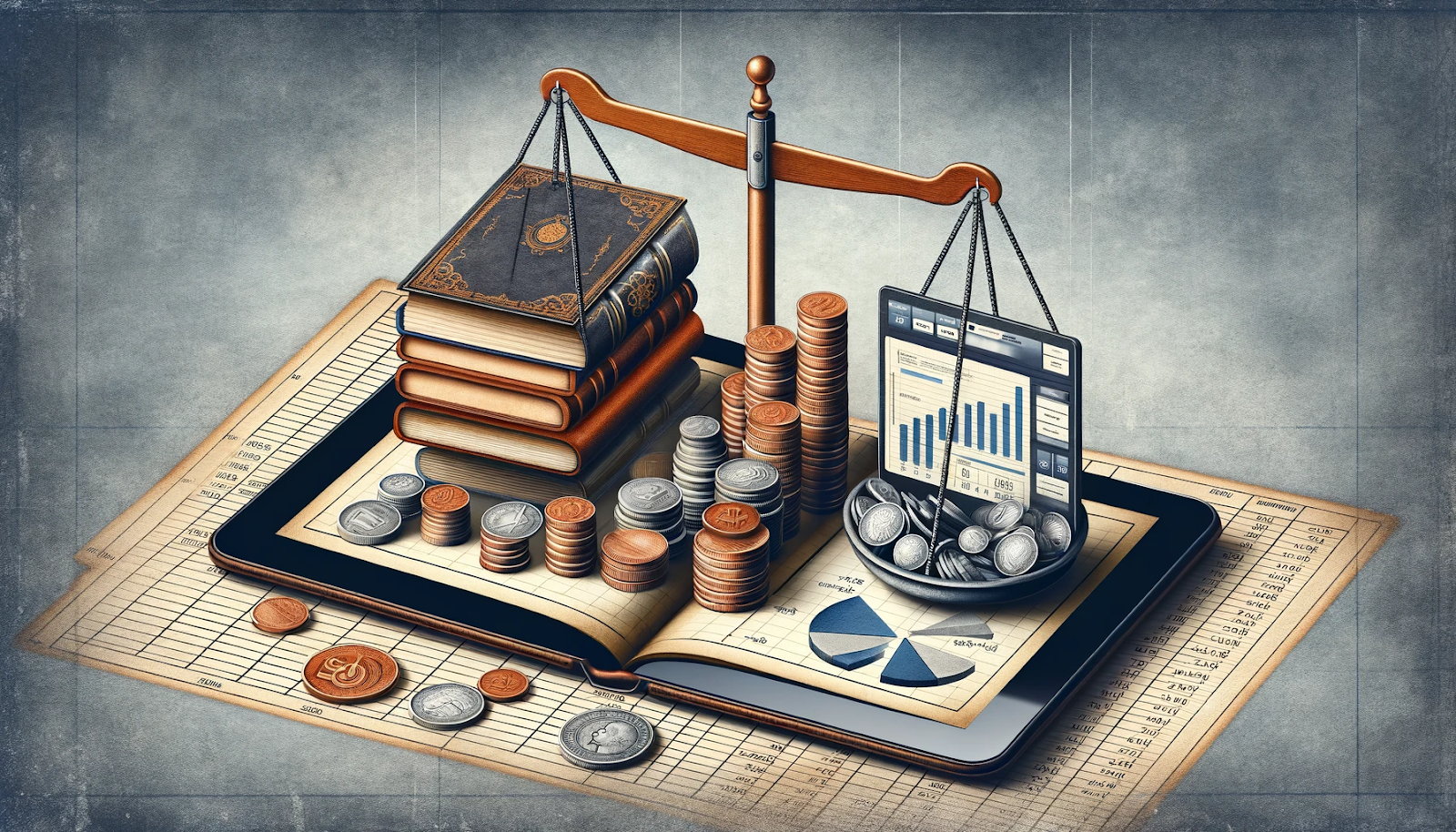 A digital illustration of a balance scale weighing stacks of coins, books, and an e-reader displaying financial charts, all resting on an open tablet. The image symbolizes the financial considerations of traditional and digital publishing, highlighting the balance between print books, eBooks, and profitability