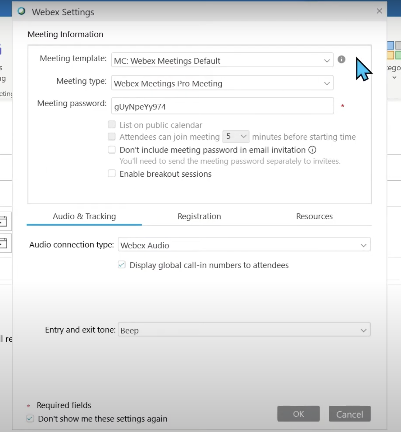 Customizing Webex meeting from Outlook