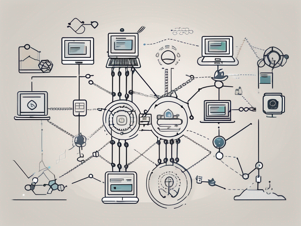 a chain link symbolizing the connection between websites, surrounded by various icons representing different types of content such as articles, videos, and images, to visually convey the concept of backlinks and their role in enhancing SEO, hand-drawn abstract illustration for a company blog, white background, professional, minimalist, clean lines, faded colors