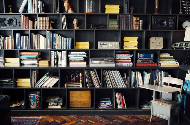 A collection of books and objects neatly arranged on a wooden shelf, showcasing a variety of colorful spines
