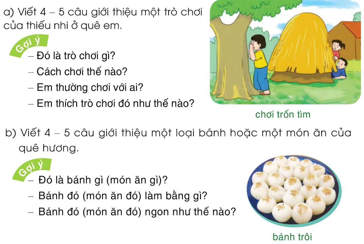 BÀI 30: QUÊ HƯƠNG CỦA EMChia sẻHãy nói với bạn về quê hương em. Giới thiệu một hình ảnh quê hương?Đáp án chuẩn:   Tớ sinh ra và lớn lên ở Thái Bình, nổi tiếng với Bài ca năm tấn và vùng đồng bằng trù phú. Mọi người làm ruộng và sản xuất gạo xuất khẩu. Quê tớ còn có vùng biển xinh đẹp và yên bình. Tớ rất yêu và tự hào về quê hương của mình!BÀI ĐỌC 1: BÉ XEM TRANHCâu 1: Bức tranh mà bạn nhỏ xem vẽ những gì?Đáp án chuẩn:Đồng lúa, con đò cập bến, thuyền, con cò.Câu 2: Vì sao bạn nhỏ nghĩ rằng đó là bức tranh vẽ làng quê của mình?Đáp án chuẩn:Vì bức tranh giống buổi chiều hôm đó trời trong veo thẳng cánh cò bay.Câu 3: Nói về một hình ảnh em thích trong bài thơ.Đáp án chuẩn:Đồng lúa chín với những bông lúa chín trĩu nặng hạt cong như đuôi gà, mùi thơm lúa chín xao xuyến.Luyện tậpCâu 1: Tìm trong bài thơ một câu thể hiện sự ngạc nhiên, thích thú của bạn nhỏ khi xem tranh.Đáp án chuẩn:Mắt bé long lanh Chợt cười ngộ nghĩnh. Câu 2: Đặt một câu thể hiện sự ngạc nhiên, thích thú của em trước một bức tranh hoặc một cảnh đẹp.Đáp án chuẩn:Cảnh ở đây thật tuyệt!Bài viết 1Câu 1: Nghe – viếtĐáp án chuẩn:Nghe – viết.Câu 2: Chọn vần phù hợp với ô trống: ua hay uơ?Đáp án chuẩn:Thưở, huơ, đua, thua Câu 3: Tìm đường về với mẹĐáp án chuẩn:a) Nón, lợm, na, lừa, lá, nấmĐường đi đúng về với mẹ là: nón, na, nấm.b) nhện, nến, bệnh viện, bập bênh, ốc sên, kênh.Đường đi đúng về với mẹ là: nhện, nến, ốc sên.Câu 4: Tập viếta) Viết chữ hoab) Viết ứng dụng: Không biết phải hỏi, muốn giỏi phải học.Đáp án chuẩn:a) Viết chữ hoab) Viết ứng dụng: Không biết phải hỏi, muốn giỏi phải học.BÀI ĐỌC 2: RƠM THÁNG MƯỜICâu 1: Đọc câu mở đầu và cho biết: Tác giả bài đọc kể về kỉ niệm gì?Đáp án chuẩn:Kỉ niệm mùa gặt tháng Mười thời thơ ấu.Câu 2. Tìm những câu văn: a) Tả vẻ đẹp của nắng tháng Mườib) Tả vẻ đẹp của rơm tháng MườiĐáp án chuẩn:a) Nhớ cái nắng hang tháng Mười trong như hổ phách.b) Những con đường làng đầy rơm vàng óng ánh. Rơm héo tảo mùi hương thơm ngầy ngậy.Câu 3: Trẻ con trong làng chơi những trò chơi gì trên những con đường, sân, ngõ đầy rơm?Đáp án chuẩn:Trẻ con trong làng chạy nhảy, sưởi nắng, lăn lộn, vật nhau hay chơi trò lộn đầu xuống đất trên những con đường làng đầy rơm.Luyện tậpCâu 1: Tìm trong bài đọc các từ ngữ:a) Tả màu sắc, mùi thơm của rơm tháng Mườib) Tả hoạt động của các bạn nhỏĐáp án chuẩn:a) vàng óng ánh, ngầy ngậy.b) chạy nhảy, nô đùa, lăn lộn, vật nhau, đi lộn đầu.Câu 2: Đặt câu với một từ ngữ em vừa tìm được ở bài tập 1.Đáp án chuẩn:Những con đường rơm vàng óng ánh trải dài khắp miền quê.Bọn trẻ chơi đùa, chạy nhảy trông thật vui vẻ.Bài viết 2