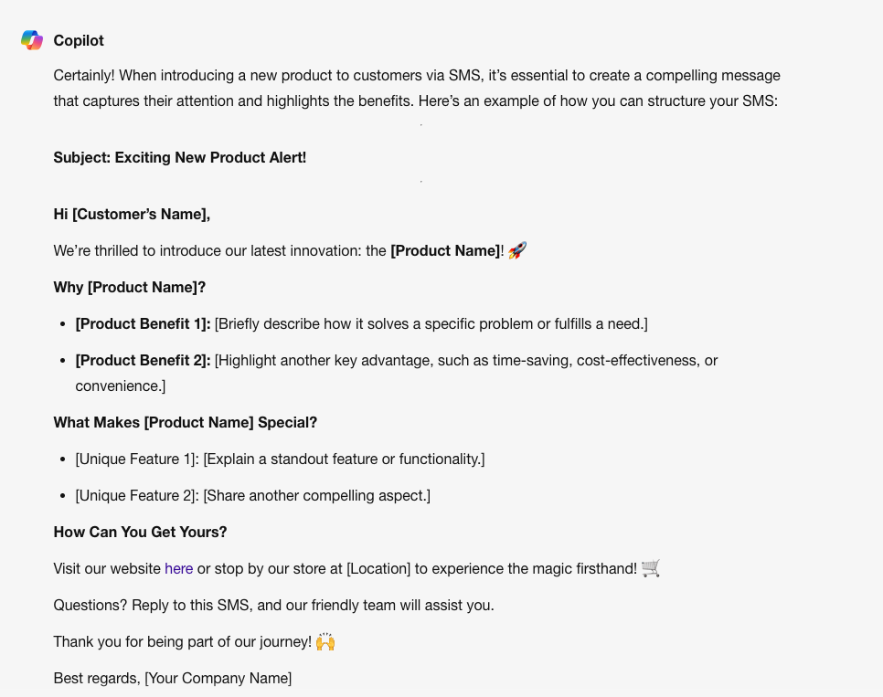 Alt: Copilot answering Generate the SMS to introduce a new [product/service] to customers, involving saying how it is a perfect solution for [product benefit].