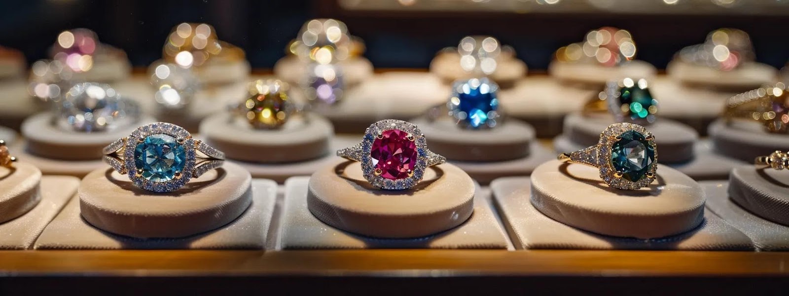 a beautifully arranged display of exquisite engagement rings featuring brilliant diamonds and vibrant colored gemstones, set against a sleek, modern jewelry showroom backdrop illuminated by soft, focused lighting, showcasing the elegance of customization options.