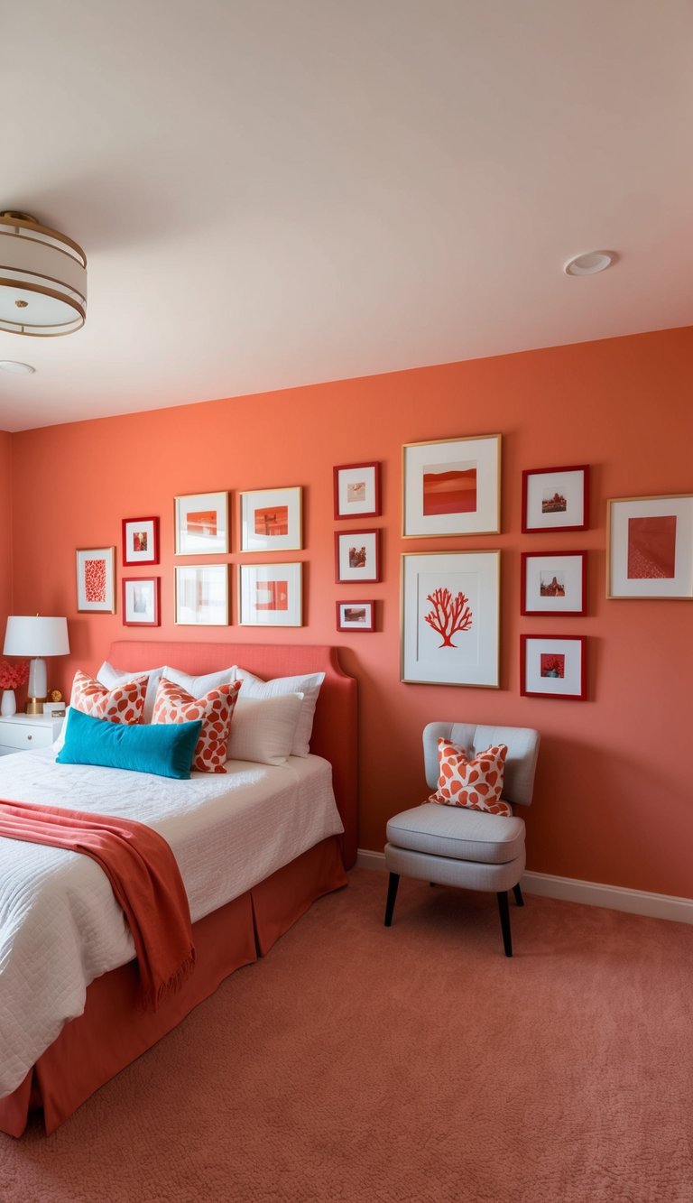 A bedroom with a coral-colored accent wall adorned with 25 pieces of red-themed wall art