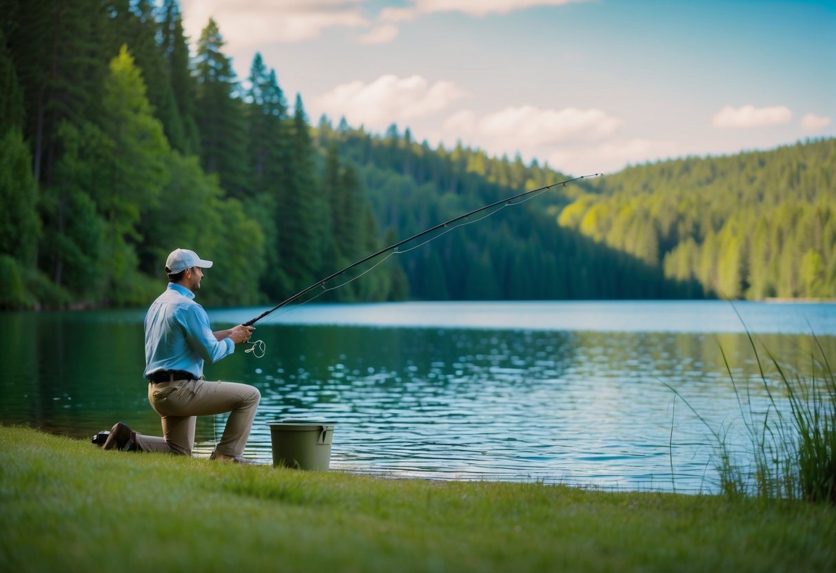 Rauhallinen järvi, jota ympäröivät vehreät metsät, ja kalastusvapa heittää siimaa veteen rannalta.