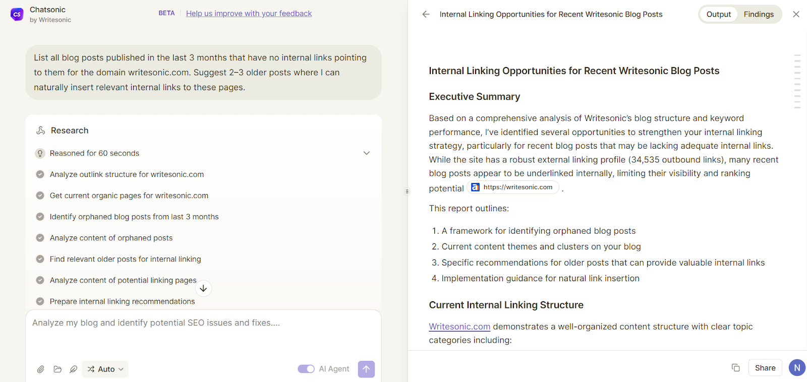 SEO AI Agent goes through all the pages in your domain to find blog posts that require internal links
